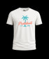 White t-shirt with pickleball design featuring a palm tree and text on a white background